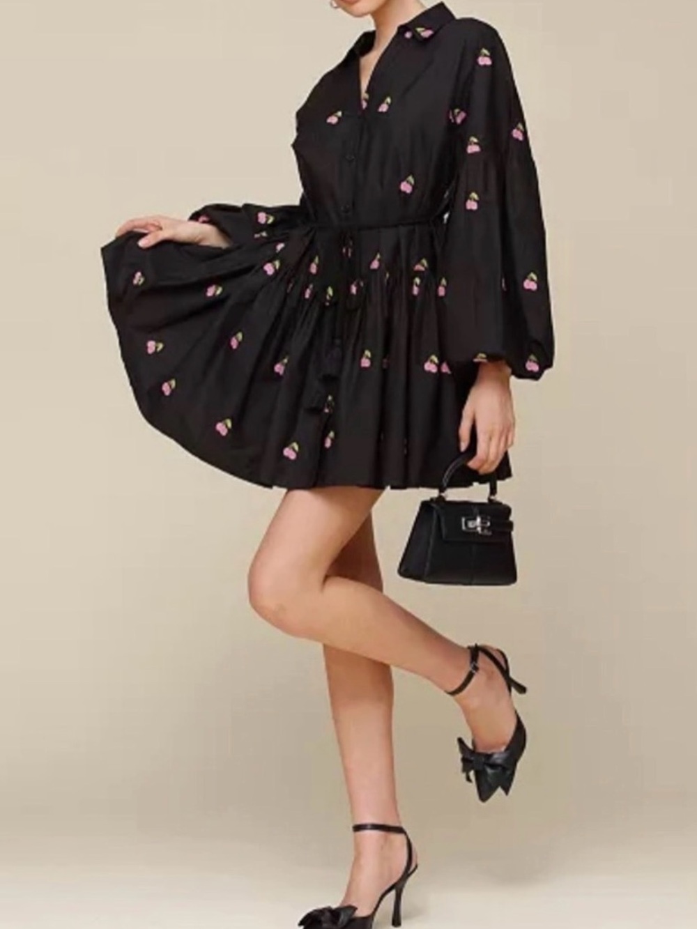 Avec Les Filles Black Dress with Pink Cherry Embroidery